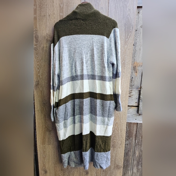 Three Bird Nest Long Cardigan Olive, Gray, Cream Striped Women's Cardigan L/XL - Picture 4 of 5